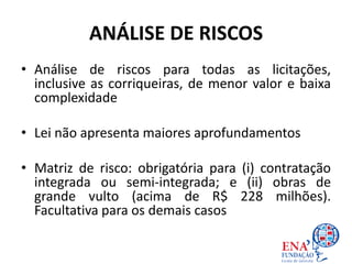ANÁLISE DE RISCOS
• Análise de riscos para todas as licitações,
inclusive as corriqueiras, de menor valor e baixa
complexidade
• Lei não apresenta maiores aprofundamentos
• Matriz de risco: obrigatória para (i) contratação
integrada ou semi-integrada; e (ii) obras de
grande vulto (acima de R$ 228 milhões).
Facultativa para os demais casos
 