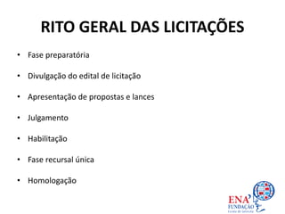 RITO GERAL DAS LICITAÇÕES
• Fase preparatória
• Divulgação do edital de licitação
• Apresentação de propostas e lances
• Julgamento
• Habilitação
• Fase recursal única
• Homologação
 