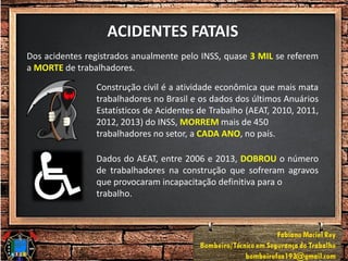 ACIDENTES FATAIS
Dos acidentes registrados anualmente pelo INSS, quase 3 MIL se referem
a MORTE de trabalhadores.
Construção civil é a atividade econômica que mais mata
trabalhadores no Brasil e os dados dos últimos Anuários
Estatísticos de Acidentes de Trabalho (AEAT, 2010, 2011,
2012, 2013) do INSS, MORREM mais de 450
trabalhadores no setor, a CADA ANO, no país.
Dados do AEAT, entre 2006 e 2013, DOBROU o número
de trabalhadores na construção que sofreram agravos
que provocaram incapacitação definitiva para o
trabalho.
 