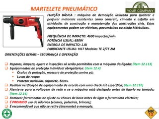 MARTELETE PNEUMÁTICO
FUNÇÃO BÁSICA : máquina de demolição utilizada para quebrar e
perfurar materiais resistentes como concreto, cimento e asfalto em
atividades de construção e manutenção das construções civis. Estes
equipamentos podem ser elétricos, pneumáticos ou ainda hidráulicos.
FREQUÊNCIA DE IMPACTO: 4600 impactos/min
POTÊNCIA USUAL: 650W
ENERGIA DE IMPACTO: 1.8J
FABRICANTE USUAL: HILT Modelos TE 2/TE 2M
ORIENTAÇÕES GERAIS – SEGURANÇA E OPERAÇÃO
 Reparos, limpeza, ajuste e inspeções só serão permitidos com a máquina desligada; (item 12.113)
 Equipamentos de proteção individual obrigatórios: (item 12.4)
 Óculos de proteção, mascara de proteção contra pó;
 Luvas de raspa;
 Protetor auricular, capacete, botas.
 Realizar verificação de equipamento de acordo com uma check list específica; (item 12.110)
 Atente-se para a voltagem de rede e se a máquina está desligada antes de liga-la na tomada;
(item 12.14)
 Remover ferramentas de ajuste ou chaves de boca antes de ligar a ferramenta eléctrica;
 É PROIBIDO uso de adornos (colares, pulseiras, brincos);
 É recomendável que não se retire (desmonte) a manopla.
 