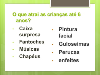 O que atrai as crianças até 6 
anos? 
• Caixa 
surpresa 
• Fantoches 
• Músicas 
• Chapéus 
• Pintura 
facial 
• Guloseimas 
• Perucas 
• enfeites 
 