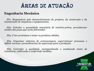 Áreas de atuação
Engenharia Mecânica
JD1: Responsável pelo desenvolvimento de projetos, da construção e da
manutenção de máquinas e equipamentos.
JD2: Calcular a quantidade necessária de matéria-prima, providenciar
moldes das peças que serão fabricadas.
JD3: Criar protótipos e testar os produtos obtidos.
JD4: Organizar sistemas de armazenagem, supervisionar processos e
definir normas e procedimentos de segurança para a produção.
JD5: Controlar a qualidade, acompanhando e analisando testes de
resistência, calibrando e conferindo medidas.
 