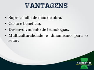 Vantagens
• Supre a falta de mão de obra.
• Custo e benefício.
• Desenvolvimento de tecnologias.
• Multiculturalidade e dinamismo para o
setor.
 