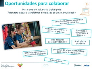 4
Voluntariado
Fundação Telefônica
Oportunidades para colaborar
Mas o que um Voluntário Digital pode
fazer para ajudar a transformar a realidade de uma Comunidade?
web designer,
desenvolvedor de TI tradução de
materiais
 