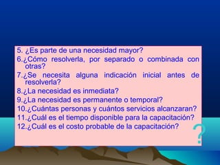 5. ¿Es parte de una necesidad mayor?
6.¿Cómo resolverla, por separado o combinada con
otras?
7.¿Se necesita alguna indicación inicial antes de
resolverla?
8.¿La necesidad es inmediata?
9.¿La necesidad es permanente o temporal?
10.¿Cuántas personas y cuántos servicios alcanzaran?
11.¿Cuál es el tiempo disponible para la capacitación?
12.¿Cuál es el costo probable de la capacitación?
?
 