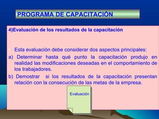 4)Evaluación de los resultados de la capacitación
• Esta evaluación debe considerar dos aspectos principales:
a) Determinar hasta qué punto la capacitación produjo en
realidad las modificaciones deseadas en el comportamiento de
los trabajadores.
b) Demostrar si los resultados de la capacitación presentan
relación con la consecución de las metas de la empresa.
PROGRAMA DE CAPACITACIÓN
Evaluación
 