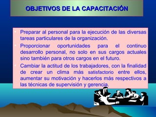 OBJETIVOS DE LA CAPACITACIÓNOBJETIVOS DE LA CAPACITACIÓN
• Preparar al personal para la ejecución de las diversas
tareas particulares de la organización.
• Proporcionar oportunidades para el continuo
desarrollo personal, no solo en sus cargos actuales
sino también para otros cargos en el futuro.
• Cambiar la actitud de los trabajadores, con la finalidad
de crear un clima más satisfactorio entre ellos,
aumentar su motivación y hacerlos más respectivos a
las técnicas de supervisión y gerencia.
 