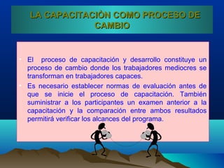LA CAPACITACIÒN COMO PROCESO DELA CAPACITACIÒN COMO PROCESO DE
CAMBIOCAMBIO
• El proceso de capacitación y desarrollo constituye un
proceso de cambio donde los trabajadores mediocres se
transforman en trabajadores capaces.
• Es necesario establecer normas de evaluación antes de
que se inicie el proceso de capacitación. También
suministrar a los participantes un examen anterior a la
capacitación y la comparación entre ambos resultados
permitirá verificar los alcances del programa.
 