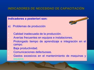 INDICADORES DE NECESIDAD DE CAPACITACIÓNINDICADORES DE NECESIDAD DE CAPACITACIÓN
Indicadores a posteriori son:
a) Problemas de producción
• Calidad inadecuada de la producción.
• Averías frecuentes en equipos e instalaciones.
• Prolongado tiempo de aprendizaje e integración en el
campo.
• Baja productividad.
• Comunicaciones defectuosas.
• Gastos excesivos en el mantenimiento de maquinas y
equipos.
 