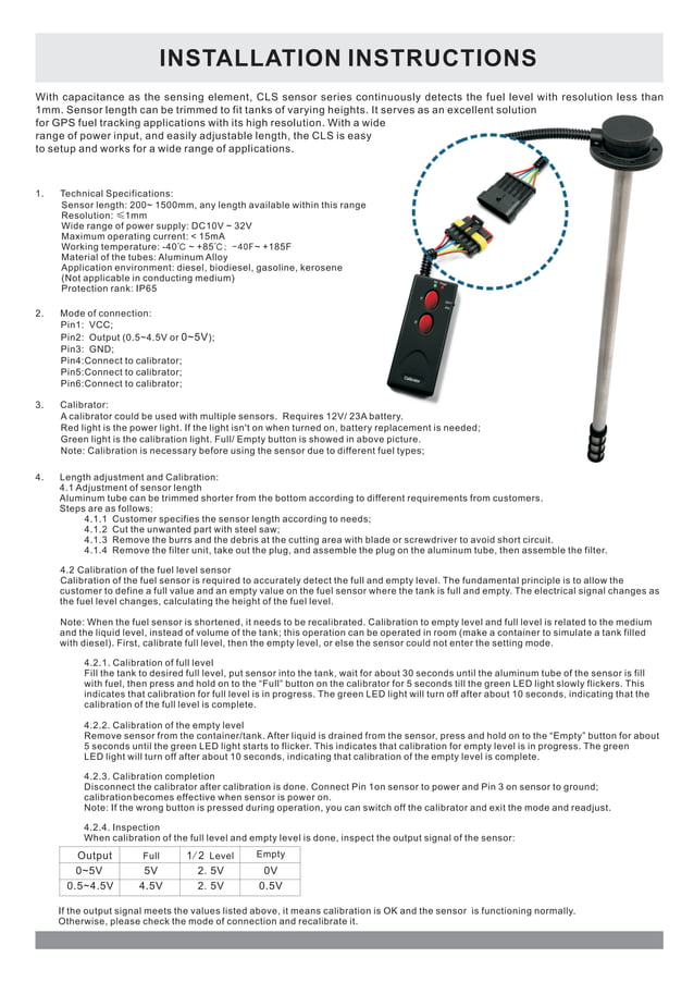 Sensor Instructions Capacitive Fuel Sensor Specification and Manual | PDF