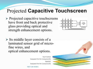 Projected Capacitive Touchscreen
 Projected capacitive touchscreens
have front and back protective
glass providing optical and
strength enhancement options.
 Its middle layer consists of a
laminated sensor grid of micro-
fine wires, and
optical enhancement options.
NIET GR.NOIDA
 