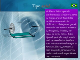Tipo axial
       O filme e folhas tipos de
       condensadores são feitos a partir
       de longas tiras de finas folha
       metálica com o material
       dieléctrico colada juntos que são
       enrolados em um rolo apertado
       e, de seguida, fechado, em
       papel ou metal tubos. Estes
       tipos de películas exigir muito
       mais espessa dieléctrico filme
       para reduzir o risco de rasgos ou
       furos no filme e, portanto, é
       mais adequado para menores e
       maiores valores de capacitância
                                      15
       caso tamanhos
 