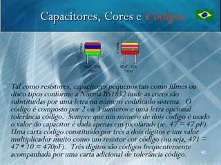 Capacitores, Cores e Códigos




   Tal como resistores, capacitores pequenos tais como filmes ou
    disco tipos conforme a Norma BS1852 onde as cores são
    substituídas por uma letra ou número codificado sistema. O
    código é composto por 2 ou 3 números e uma letra opcional
    tolerância código. Sempre que um número de dois código é usado
    o valor do capacitor é dada apenas em picofarads (ie. 47 = 47 pF).
    Uma carta código constituído por três a dois dígitos e um valor
    multiplicador muito como um resistor cor código (ou seja, 471 =
    47 * 10 = 470pF). Três dígitos são códigos frequentemente
    acompanhada por uma carta adicional de tolerância código.       45
 