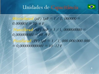 Unidades de Capacitância
 Microfarad (μF) 1μF = 1 / 1, 000000 =
  0.000001 = 10 -6 F
 Nanofarad (nF) 1nF = 1 / 1, 000000000 =
  0,000000001 = 10 -9 F
 Picofarad (PF) 1pF = 1 / 1, 000.000.000.000
  = 0,000000000001 = 10 -12 F



                                                8
 