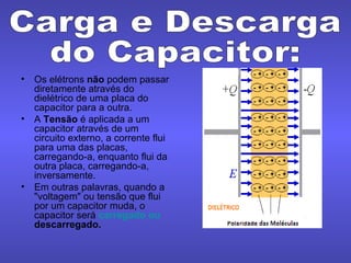 Os elétrons  não  podem passar diretamente através do dielétrico de uma placa do capacitor para a outra.  A  Tensão  é aplicada a um capacitor através de um circuito externo, a corrente flui para uma das placas, carregando-a, enquanto flui da outra placa, carregando-a, inversamente.  Em outras palavras, quando a "voltagem" ou tensão que flui por um capacitor muda, o capacitor será  carregado  ou  descarregado .   Carga e Descarga do Capacitor: 