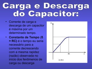 Corrente de carga e descarga de um capacitor é máxima por um determinado tempo. Constante de Tempo  ( δ  = RC)  é o tempo eu seria necessário para a corrente decrescendo com a mesma rapidez (razão) observada no início dos fenômenos de carga ou descarga Carga e Descarga do Capacitor: 