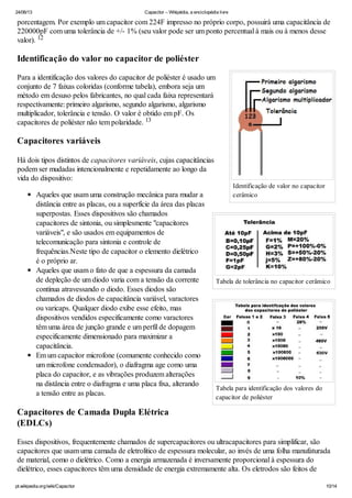 24/06/13 Capacitor – Wikipédia, a enciclopédia livre
pt.wikipedia.org/wiki/Capacitor 10/14
Identificação de valor no capacitor
cerâmico
Tabela de tolerância no capacitor cerâmico
Tabela para identificação dos valores do
capacitor de poliéster
porcentagem. Por exemplo um capacitor com 224F impresso no próprio corpo, possuirá uma capacitância de
220000pF com uma tolerância de +/- 1% (seu valor pode ser um ponto percentual à mais ou à menos desse
valor).
Identificação do valor no capacitor de poliéster
Para a identificação dos valores do capacitor de poliéster é usado um
conjunto de 7 faixas coloridas (conforme tabela), embora seja um
método em desuso pelos fabricantes, no qual cada faixa representará
respectivamente: primeiro algarismo, segundo algarismo, algarismo
multiplicador, tolerância e tensão. O valor é obtido em pF. Os
capacitores de poliéster não tem polaridade.
Capacitores variáveis
Há dois tipos distintos de capacitores variáveis, cujas capacitâncias
podem ser mudadas intencionalmente e repetidamente ao longo da
vida do dispositivo:
Aqueles que usam uma construção mecânica para mudar a
distância entre as placas, ou a superfície da área das placas
superpostas. Esses dispositivos são chamados
capacitores de sintonia, ou simplesmente "capacitores
variáveis", e são usados em equipamentos de
telecomunicação para sintonia e controle de
frequências.Neste tipo de capacitor o elemento dielétrico
é o próprio ar.
Aqueles que usam o fato de que a espessura da camada
de depleção de um diodo varia com a tensão da corrente
contínua atravessando o diodo. Esses diodos são
chamados de diodos de capacitância variável, varactores
ou varicaps. Qualquer diodo exibe esse efeito, mas
dispositivos vendidos especificamente como varactores
têm uma área de junção grande e um perfil de dopagem
especificamente dimensionado para maximizar a
capacitância.
Em um capacitor microfone (comumente conhecido como
um microfone condensador), o diafragma age como uma
placa do capacitor, e as vibrações produzem alterações
na distância entre o diafragma e uma placa fixa, alterando
a tensão entre as placas.
Capacitores de Camada Dupla Elétrica
(EDLCs)
Esses dispositivos, frequentemente chamados de supercapacitores ou ultracapacitores para simplificar, são
capacitores que usam uma camada de eletrolítico de espessura molecular, ao invés de uma folha manufaturada
de material, como o dielétrico. Como a energia armazenada é inversamente proporcional à espessura do
dielétrico, esses capacitores têm uma densidade de energia extremamente alta. Os eletrodos são feitos de
12
13
 