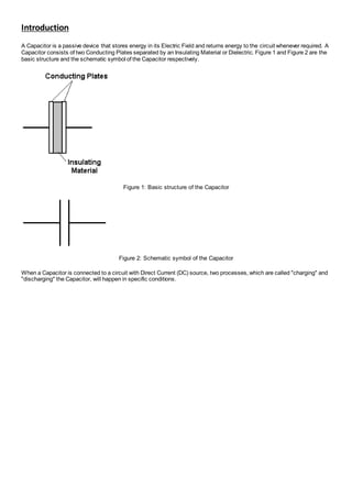 Introduction
A Capacitor is a passive device that stores energy in its Electric Field and returns energy to the circuit whenever required. A
Capacitor consists of two Conducting Plates separated by an Insulating Material or Dielectric. Figure 1 and Figure 2 are the
basic structure and the schematic symbol of the Capacitor respectively.
Figure 1: Basic structure of the Capacitor
Figure 2: Schematic symbol of the Capacitor
When a Capacitor is connected to a circuit with Direct Current (DC) source, two processes, which are called "charging" and
"discharging" the Capacitor, will happen in specific conditions.
 