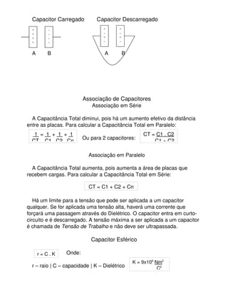Capacitor Carregado        Capacitor Descarregado
A        B                                    A         B
Associação de Capacitores
Associação em Série
A Capacitância Total diminui, pois há um aumento efetivo da distância
entre as placas. Para calcular a Capacitância Total em Paralelo:
                                  Ou para 2 capacitores:
Associação em Paralelo
A Capacitância Total aumenta, pois aumenta a área de placas que
recebem cargas. Para calcular a Capacitância Total em Série:
Há um limite para a tensão que pode ser aplicada a um capacitor
qualquer. Se for aplicada uma tensão alta, haverá uma corrente que
forçará uma passagem através do Dielétrico. O capacitor entra em curto­
circuito e é descarregado. A tensão máxima a ser aplicada a um capacitor
é chamada de Tensão de Trabalho e não deve ser ultrapassada.
Capacitor Esférico
Onde:
r – raio | C – capacidade | K – Dielétrico
   1     =  1  +  1  +  1
CT    C1   C2   Cn
CT = C1 . C2
        C1 + C2
CT = C1 + C2 + Cn
+
+
+
+
-
-
-
-
+
-
+
-
+
-
+
-
r = C . K
K = 9x109
 Nm2
                  C2
 