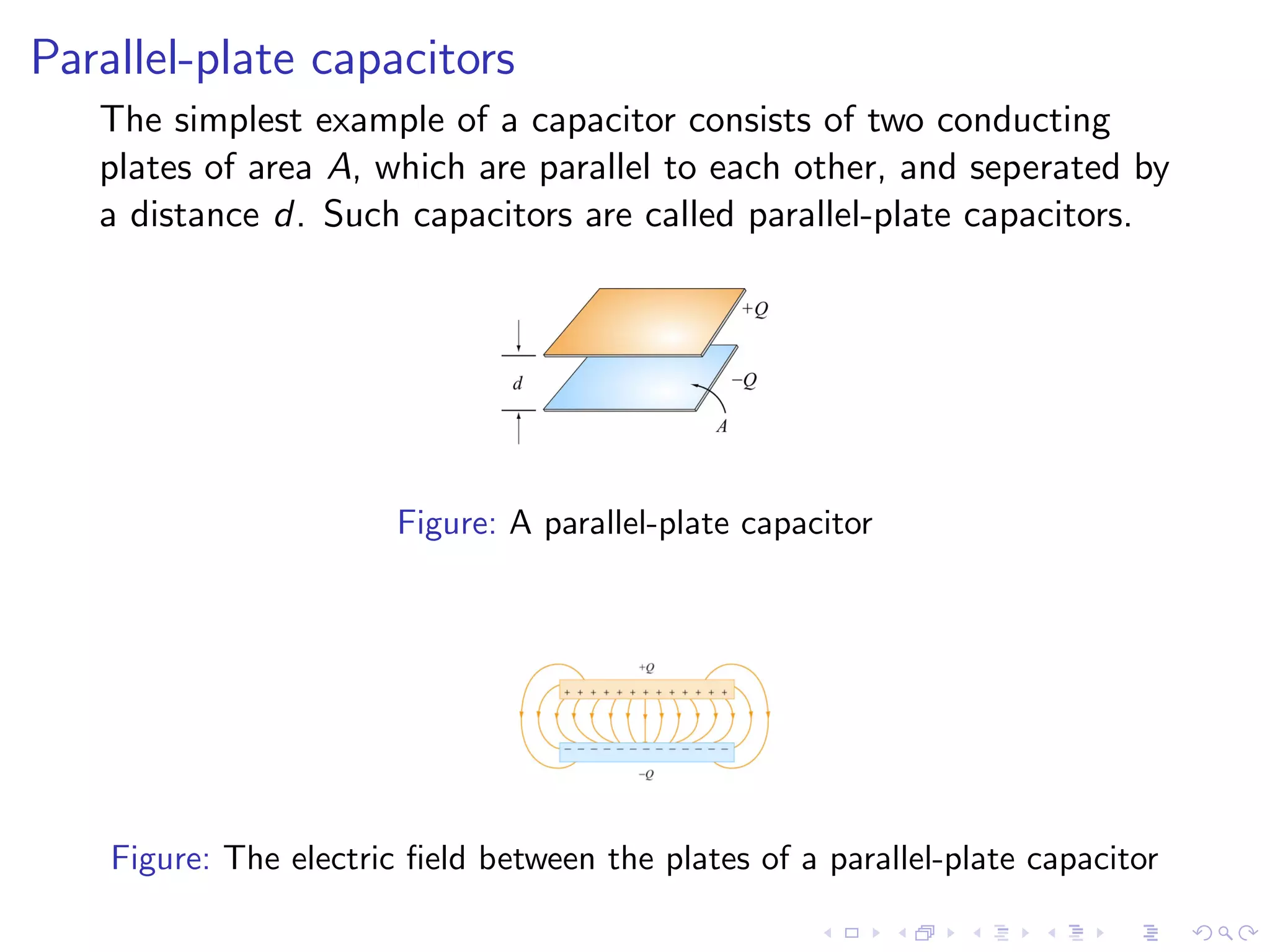 Parallel-plate capacitors
The simplest example of a capacitor consists of two conducting
plates of area A, which are parallel to each other, and seperated by
a distance d. Such capacitors are called parallel-plate capacitors.
Figure: A parallel-plate capacitor
Figure: The electric field between the plates of a parallel-plate capacitor
 