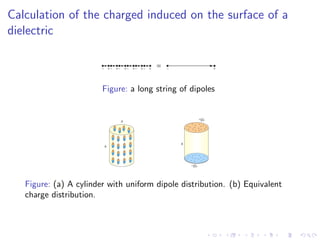Calculation of the charged induced on the surface of a
dielectric
Figure: a long string of dipoles
Figure: (a) A cylinder with uniform dipole distribution. (b) Equivalent
charge distribution.
 