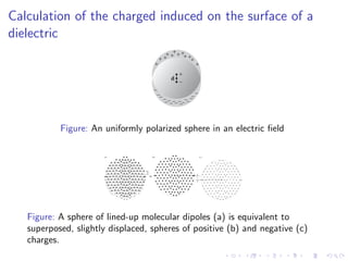 Calculation of the charged induced on the surface of a
dielectric
Figure: An uniformly polarized sphere in an electric field
Figure: A sphere of lined-up molecular dipoles (a) is equivalent to
superposed, slightly displaced, spheres of positive (b) and negative (c)
charges.
 