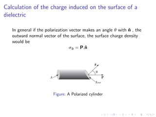 Calculation of the charge induced on the surface of a
dielectric
In general if the polarization vector makes an angle θ with n̂ , the
outward normal vector of the surface, the surface charge density
would be
σb = P.n̂
Figure: A Polarized cylinder
 