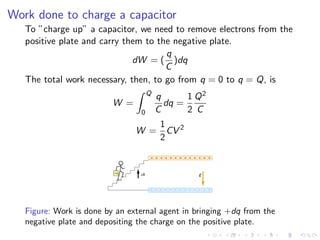 Work done to charge a capacitor
To ”charge up” a capacitor, we need to remove electrons from the
positive plate and carry them to the negative plate.
dW = (
q
C
)dq
The total work necessary, then, to go from q = 0 to q = Q, is
W =
Z Q
0
q
C
dq =
1
2
Q2
C
W =
1
2
CV 2
Figure: Work is done by an external agent in bringing +dq from the
negative plate and depositing the charge on the positive plate.
 
