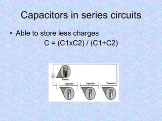 Capacitors in series circuits Able to store less charges C = (C1xC2) / (C1+C2) 