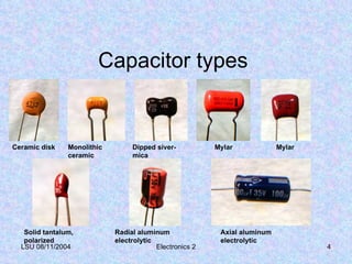 Capacitor types LSU 08/11/2004 Electronics 2 Ceramic disk Monolithic ceramic Dipped siver-mica Mylar Mylar Solid tantalum, polarized Radial aluminum electrolytic Axial aluminum electrolytic 