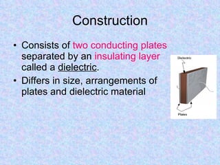 Construction Consists of  two conducting   plates  separated by an  insulating layer  called a  dielectric .  Differs in size, arrangements of plates and dielectric material 