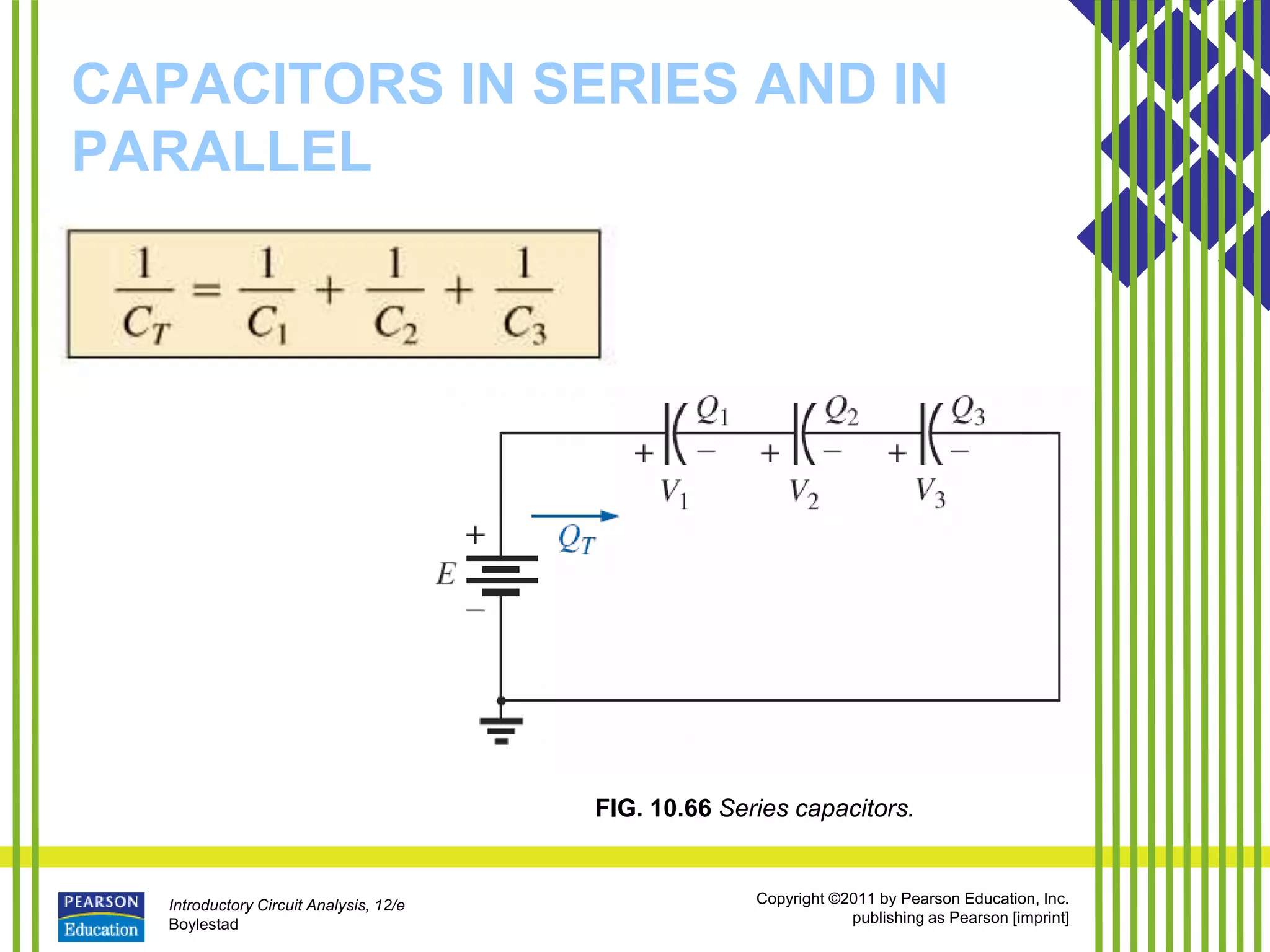 Introductory Circuit Analysis, 12/e
Boylestad
Copyright ©2011 by Pearson Education, Inc.
publishing as Pearson [imprint]
CAPACITORS IN SERIES AND IN
PARALLEL
FIG. 10.66 Series capacitors.
 