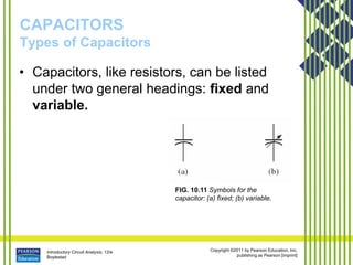Introductory Circuit Analysis, 12/e
Boylestad
Copyright ©2011 by Pearson Education, Inc.
publishing as Pearson [imprint]
CAPACITORS
Types of Capacitors
• Capacitors, like resistors, can be listed
under two general headings: fixed and
variable.
FIG. 10.11 Symbols for the
capacitor: (a) fixed; (b) variable.
 