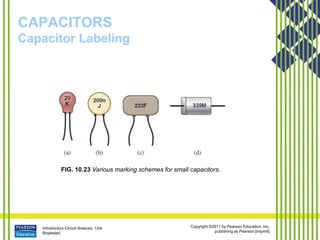 Introductory Circuit Analysis, 12/e
Boylestad
Copyright ©2011 by Pearson Education, Inc.
publishing as Pearson [imprint]
CAPACITORS
Capacitor Labeling
FIG. 10.23 Various marking schemes for small capacitors.
 