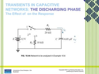 Introductory Circuit Analysis, 12/e
Boylestad
Copyright ©2011 by Pearson Education, Inc.
publishing as Pearson [imprint]
TRANSIENTS IN CAPACITIVE
NETWORKS: THE DISCHARGING PHASE
The Effect of on the Response
FIG. 10.44 Network to be analyzed in Example 10.8.
 