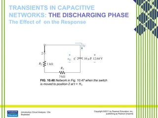 Introductory Circuit Analysis, 12/e
Boylestad
Copyright ©2011 by Pearson Education, Inc.
publishing as Pearson [imprint]
TRANSIENTS IN CAPACITIVE
NETWORKS: THE DISCHARGING PHASE
The Effect of on the Response
FIG. 10.48 Network in Fig. 10.47 when the switch
is moved to position 2 at t = 1t1.
 