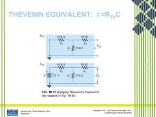 Introductory Circuit Analysis, 12/e
Boylestad
Copyright ©2011 by Pearson Education, Inc.
publishing as Pearson [imprint]
THÉVENIN EQUIVALENT: t =RThC
FIG. 10.57 Applying Thévenin’s theorem to
the network in Fig. 10.56.
 