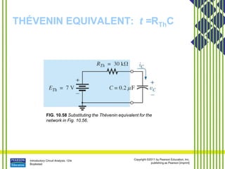 Introductory Circuit Analysis, 12/e
Boylestad
Copyright ©2011 by Pearson Education, Inc.
publishing as Pearson [imprint]
THÉVENIN EQUIVALENT: t =RThC
FIG. 10.58 Substituting the Thévenin equivalent for the
network in Fig. 10.56.
 