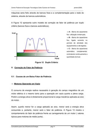 Centro Federal de Educação Tecnológica Celso Suckow da Fonseca janeiro/2000
__________________________________________________________________________________________
Consultoria para Uso Eficiente de Energia pág.17 Prof. Paulo Duailibe
máquinas seria feito através de bancos fixos e a complementação para o resto do
sistema, através de bancos automáticos.
A Figura 12 apresenta outro modelo de correção de fator de potência por duplo
critério (bancos fixos e bancos automáticos).
AA
BB
CC CC
HoraHora
kvarkvar
Figura 12 Duplo Critério
V. Correção do Fator de Potência
V.1 Causas de um Baixo Fator de Potência
⇒ Motores Operando em Vazio
O consumo de energia reativa necessário à geração do campo magnético de um
motor elétrico é o mesmo tanto para a operação em vazio quanto a plena carga.
Porém a energia ativa é diretamente proporcional à carga mecânica aplicada ao eixo
do motor.
Assim, quanto menor for a carga aplicada ao eixo, menor será a energia ativa
consumida e, portanto, menor será o fator de potência. A Figura 13 mostra o
comportamento do fator de potência frente ao carregamento de um motor ( valores
típicos para motores de médio porte).
→ A – Banco de capacitores
fixo: utilização ininterrupta;
→ B – Banco de capacitores
fixo, ligado somente no
período de atividade dos
equipamentos a ele ligados;
→ C – Banco de capacitores
automático complementar,
controlando continuamente a
quantidade de kvar.
 