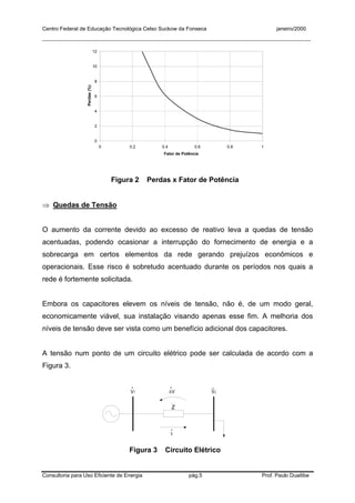 Centro Federal de Educação Tecnológica Celso Suckow da Fonseca janeiro/2000
__________________________________________________________________________________________
Consultoria para Uso Eficiente de Energia pág.5 Prof. Paulo Duailibe
0
2
4
6
8
10
12
0 0.2 0.4 0.6 0.8 1
Fator de Potência
Perdas(%)
Figura 2 Perdas x Fator de Potência
⇒ Quedas de Tensão
O aumento da corrente devido ao excesso de reativo leva a quedas de tensão
acentuadas, podendo ocasionar a interrupção do fornecimento de energia e a
sobrecarga em certos elementos da rede gerando prejuízos econômicos e
operacionais. Esse risco é sobretudo acentuado durante os períodos nos quais a
rede é fortemente solicitada.
Embora os capacitores elevem os níveis de tensão, não é, de um modo geral,
economicamente viável, sua instalação visando apenas esse fim. A melhoria dos
níveis de tensão deve ser vista como um benefício adicional dos capacitores.
A tensão num ponto de um circuito elétrico pode ser calculada de acordo com a
Figura 3.
Z
∆VV1 V2
. ..
I
.
Figura 3 Circuito Elétrico
 