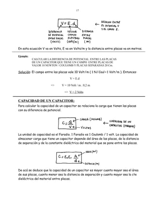 17

En esta ecuación V va en Volts, E va en Volts/m y la distancia entre placas va en metros.
Ejemplo:

CALCULAR LA DIFERENCIA DE POTENCIAL ENTRE LAS PLACAS
DE UN CAPACITOR QUE TIENE UN CAMPO ENTRE PLACAS DE
VALOR 10 NEWTON / COULOMB Y PLACAS SEPARADAS 20 Cm.

Solución: El campo entre las placas vale 10 Volt / m ( 1 N / Coul = 1 Volt / m ). Entonces:
V = E.d
=>

V = 10 Volt / m . 0,2 m
=> V = 2 Volts

CAPACIDAD DE UN CAPACITOR:
Para calcular la capacidad de un capacitor se relaciona la carga que tienen las placas
con su diferencia de potencial.

La unidad de capacidad es el Faradio. 1 Faradio es 1 Coulomb / 1 volt. La capacidad de
almacenar carga que tiene un capacitor depende del área de las placas, de la distancia
de separación y de la constante dieléctrica del material que se pone entre las placas.

De acá se deduce que la capacidad de un capacitor es mayor cuanto mayor sea el área
de sus placas, cuanto menor sea la distancia de separación y cuanto mayor sea la cte
dieléctrica del material entre placas.

 