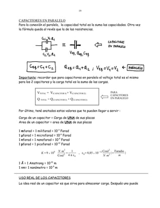 19

CAPACITORES EN PARALELO

Para la conexión el paralelo, la capacidad total es la suma las capacidades. Otra vez
la fórmula queda al revés que la de las resistencias.

Importante: recordar que para capacitores en paralelo el voltaje total es el mismo
para los 2 capcitores y la carga total es la suma de las cargas.

VTOTAL = V(CAPACITOR 1) + V(CAPACITOR 2 )

PARA
CAPACITORES
EN PARALELO

Q TOTAL = Q (CAPACITOR 1) + Q (CAPACITOR 2 )

Por último, tené anotados estos valores que te pueden llegar a servir :
Carga de un capacitor = Carga de UNA de sus placas
Area de un capacitor = area de UNA de sus placas
1
1
1
1

mfarad = 1 milifarad = 10-3 Farad
μfarad = 1 microfarad = 10-6 Farad
nfarad = 1 nanofarad = 10-9 Farad
pfarad = 1 picofarad = 10-12 Farad
K =9 x 109

2

N⋅m
1
=
2
Coul 4 π ε 0

2

, ε 0=8,85 x 10−12

Coul
Faradio
=

2
m
N⋅m

1 Å = 1 Amstrong = 10-10 m
1 nm= 1 nanómetro = 10-9 m
USO REAL DE LOS CAPACITORES
La idea real de un capacitor es que sirva para almacenar carga. Después uno puede

 