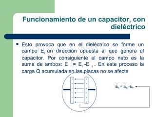 Funcionamiento de un capacitor, con
dieléctrico
 Esto provoca que en el dieléctrico se forme un
campo Ep en dirección opuesta al que genera el
capacitor. Por consiguiente el campo neto es la
suma de ambos: E T = E0 -E p . En este proceso la
carga Q acumulada en las placas no se afecta
ET = E0 -EP
 