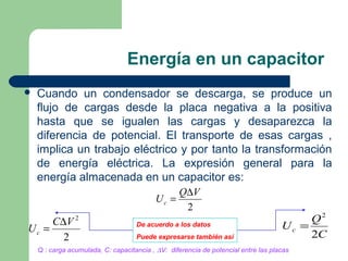 Energía en un capacitor
 Cuando un condensador se descarga, se produce un
flujo de cargas desde la placa negativa a la positiva
hasta que se igualen las cargas y desaparezca la
diferencia de potencial. El transporte de esas cargas ,
implica un trabajo eléctrico y por tanto la transformación
de energía eléctrica. La expresión general para la
energía almacenada en un capacitor es:
2
VQ
Uc
∆
=
2
2
VC
Uc
∆
=
C
Q
Uc
2
2
=
Q : carga acumulada, C: capacitancia , ∆V: diferencia de potencial entre las placas
De acuerdo a los datos
Puede expresarse también así
 