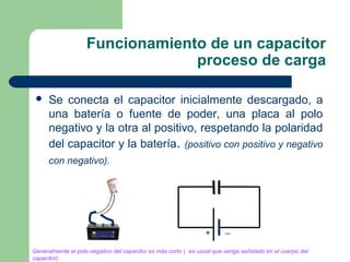 Funcionamiento de un capacitor
proceso de carga
 Se conecta el capacitor inicialmente descargado, a
una batería o fuente de poder, una placa al polo
negativo y la otra al positivo, respetando la polaridad
del capacitor y la batería. (positivo con positivo y negativo
con negativo).
Generalmente el polo negativo del capacitor es más corto ( es usual que venga señalado en el cuerpo del
capacitor)
+ _
 