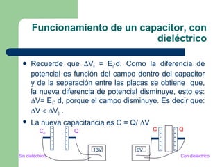 Funcionamiento de un capacitor, con
dieléctrico
 Recuerde que ∆V0 = E0⋅d. Como la diferencia de
potencial es función del ...