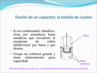 Diseño de un capacitor, la botella de Leyden
• Es un condensador cilíndrico,
tiene por armaduras hojas
metálicas que envue...