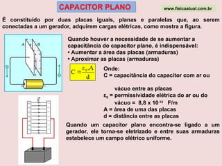 É constituído por duas placas iguais, planas e paralelas que, ao serem
conectadas a um gerador, adquirem cargas elétricas, como mostra a figura.
CAPACITOR PLANO
Quando houver a necessidade de se aumentar a
capacitância do capacitor plano, é indispensável:
• Aumentar a área das placas (armaduras)
• Aproximar as placas (armaduras)
Onde:
C = capacitância do capacitor com ar ou
vácuo entre as placas
ɛ0 = permissividade elétrica do ar ou do
vácuo = 8,8 x 10-12
F/m
A = área de uma das placas
d = distância entre as placas
d
A
.
C 0


Quando um capacitor plano encontra-se ligado a um
gerador, ele torna-se eletrizado e entre suas armaduras
estabelece um campo elétrico uniforme.
www.fisicaatual.com.br
 