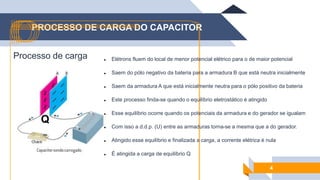 PROCESSO DE CARGA DO CAPACITOR
4
Processo de carga  Elétrons fluem do local de menor potencial elétrico para o de maior potencial
 Saem do pólo negativo da bateria para a armadura B que está neutra inicialmente
 Saem da armadura A que está inicialmente neutra para o pólo positivo da bateria
 Este processo finda-se quando o equilíbrio eletrostático é atingido
 Esse equilíbrio ocorre quando os potenciais da armadura e do gerador se igualam
 Com isso a d.d.p. (U) entre as armaduras torna-se a mesma que a do gerador.
 Atingido esse equilíbrio e finalizada a carga, a corrente elétrica é nula
 É atingida a carga de equilíbrio Q
Q
 