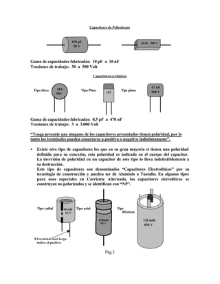 Capacitores de Poliestireno
Gama de capacidades fabricadas: 10 pF a 10 nF
Tensiones de trabajo: 30 a 500 Volt
Capacitores cerámicos
Tipo disco Tipo Plate Tipo plano
Gama de capacidades fabricadas: 0,5 pF a 470 nF
Tensiones de trabajo: 3 a 3.000 Volt
“Tenga presente que ninguno de los capacitores presentados tienen polaridad, por lo
tanto los terminales pueden conectarse a positivo o negativo indistintamente”.
• Existe otro tipo de capacitores los que en su gran mayoria si tienen una polaridad
definida para su conexión, esta polaridad es indicada en el cuerpo del capacitor.
La inversión de polaridad en un capacitor de este tipo lo lleva indefectiblemente a
su destrucción.
Este tipo de capacitores son denominados “Capacitores Electrolíticos” por su
tecnología de construcción y pueden ser de Aluminio o Tantalio. En algunos tipos
para usos especiales en Corriente Alternada, los capacitores elctrolíticos se
construyen no polarizados y se identifican con “NP”.
Tipo radial 10 Tipo axial Tipo
Blindado
-
22
El terminal más largo
indica el positivo
Pág.3
470 pF
50 V
10 nF 500 V
103
50V 102
47 nF
500 V
10 mfd
16 V
470mfd
50 V
120 mfd
450 V
 